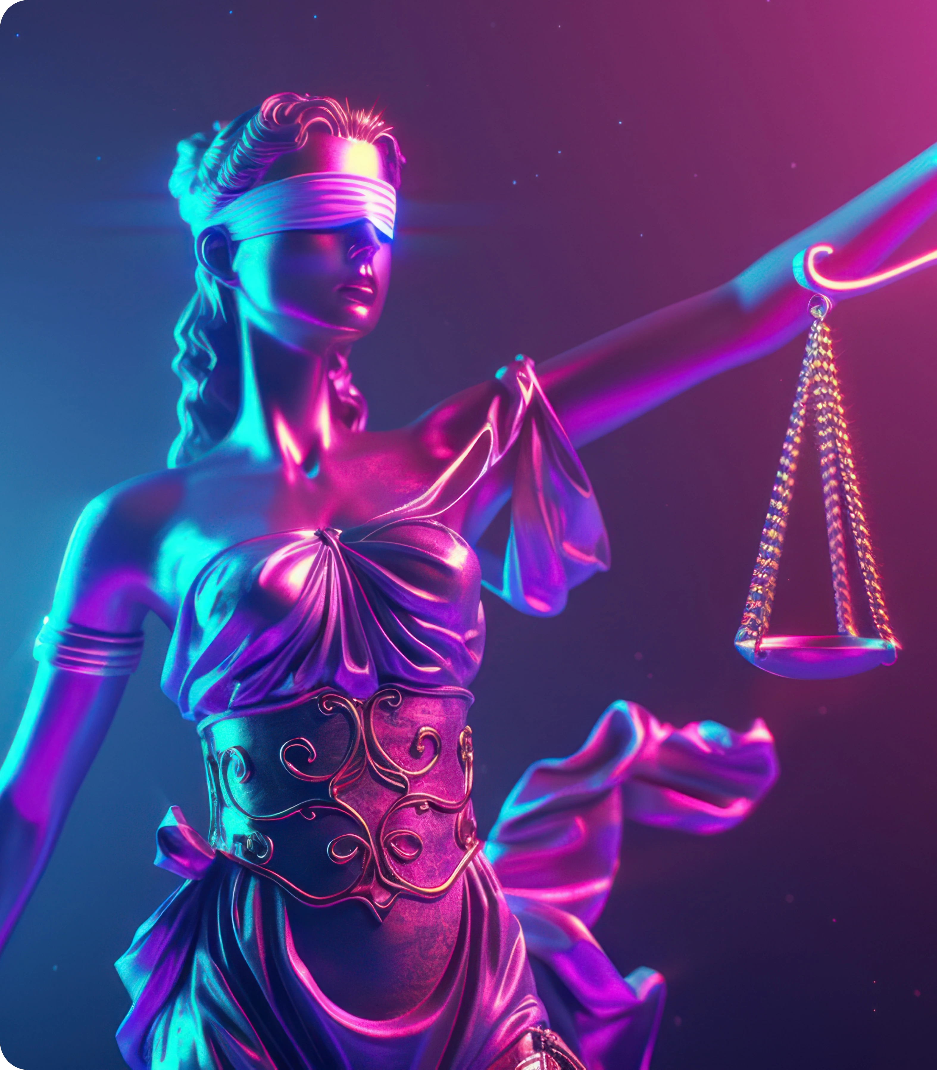 Estátua da deusa da justiça com venda nos olhos e balança, em estilo futurista com iluminação neon em tons de rosa, roxo e azul.