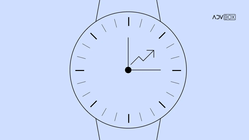 Imagem com fundo azul e a imagem de um relógio de pulso. No relógio de pulso, os ponteiros formam um gráfico X E Y, com uma seta para cima indicando produtividade