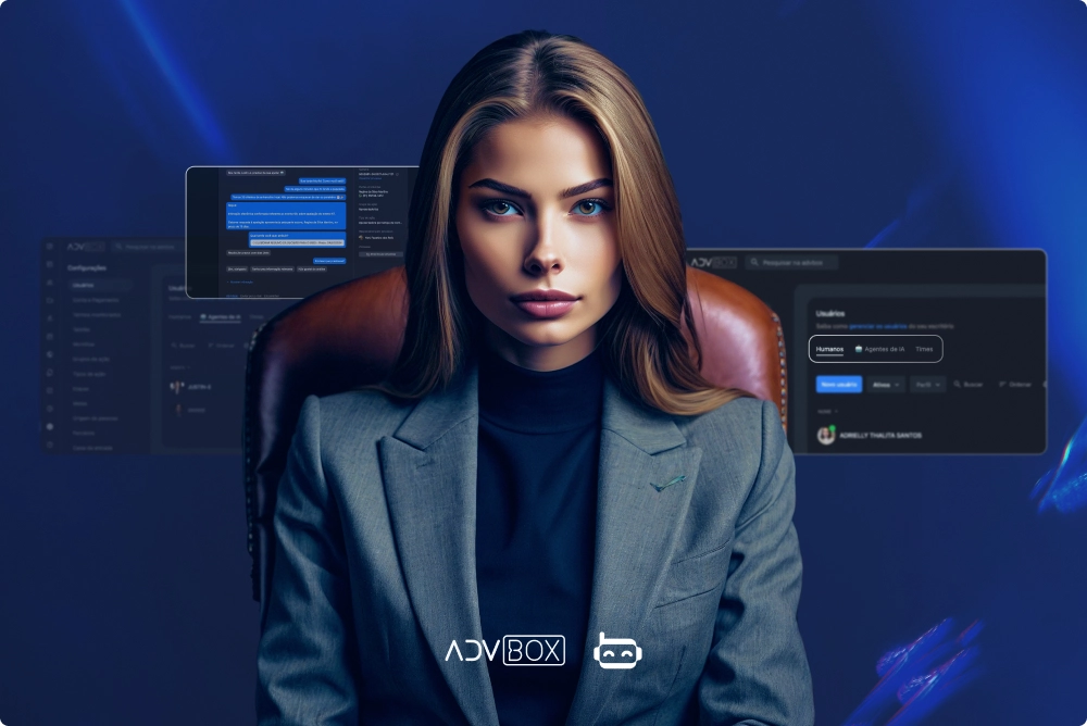justin-e em fundo azul com telas do software ao fundo