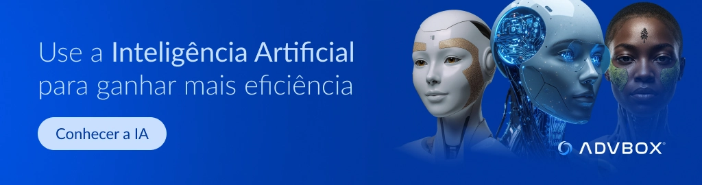 Banner com imagem ilustrativa de robô de inteligência artificial e agente de IA representando tecnologia aplicada à advocacia para aumentar eficiência e produtividade dos advogados