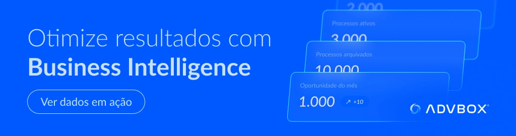 Banner com imagem ilustrativa de Business Intelligence aplicado à advocacia, exibindo indicadores de desempenho e controle financeiro para análise de resultados e tomada de decisão estratégica em escritórios de advocacia