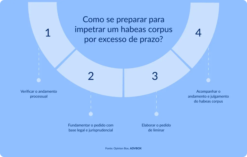 Infográfico jurídico mostrando como se preparar para impetrar habeas corpus por excesso de prazo, com etapas como verificação do andamento processual, fundamentação legal e jurisprudencial, elaboração do pedido liminar e acompanhamento do julgamento.