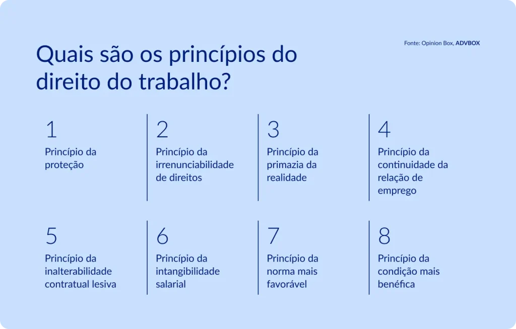 Imagem explicativa que apresenta os principais princípios do direito do trabalho, como proteção, irrenunciabilidade de direitos, primazia da realidade, continuidade da relação de emprego, inalterabilidade contratual lesiva, intangibilidade salarial, norma mais favorável e condição mais benéfica.