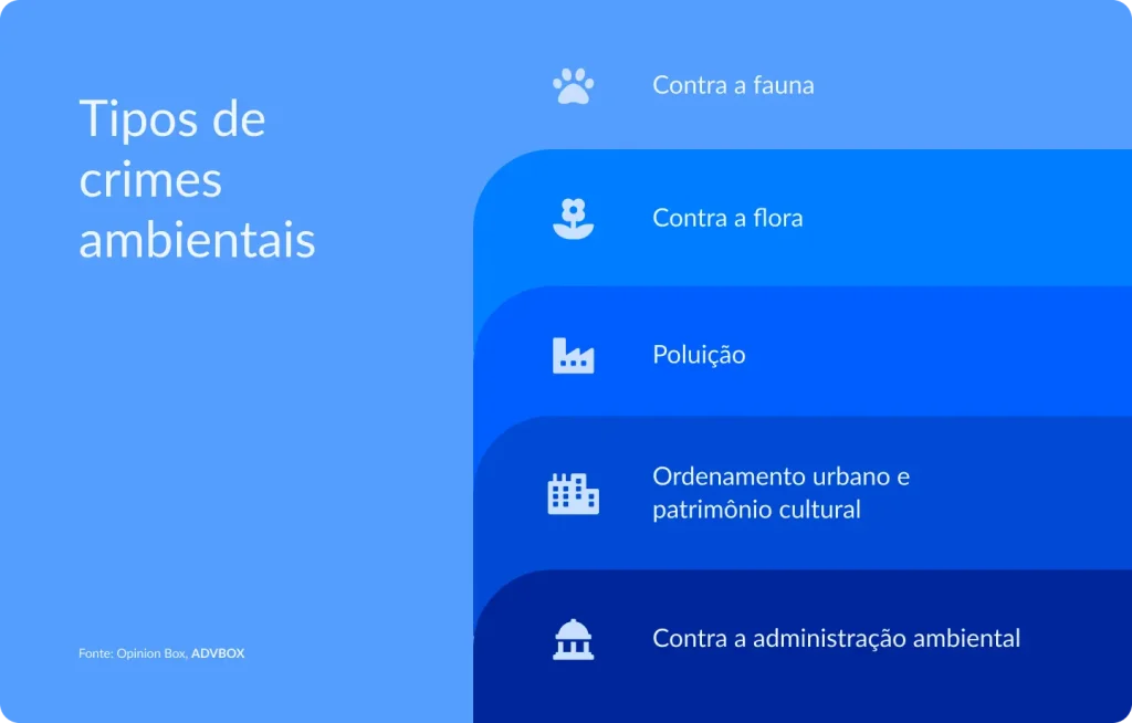 Imagem explicativa que apresenta os principais tipos de crimes ambientais, incluindo crimes contra a fauna, contra a flora, poluição, crimes contra o ordenamento urbano e patrimônio cultural, além de infrações contra a administração ambiental, conforme a legislação ambiental brasileira.