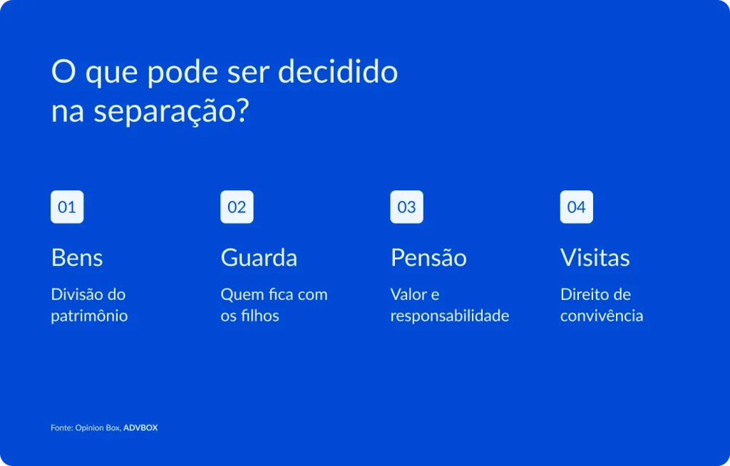 imagem com os principais pontos que podem ser decididos na separação judicial, como divisão de bens, guarda dos filhos, pensão e direito de visitas
