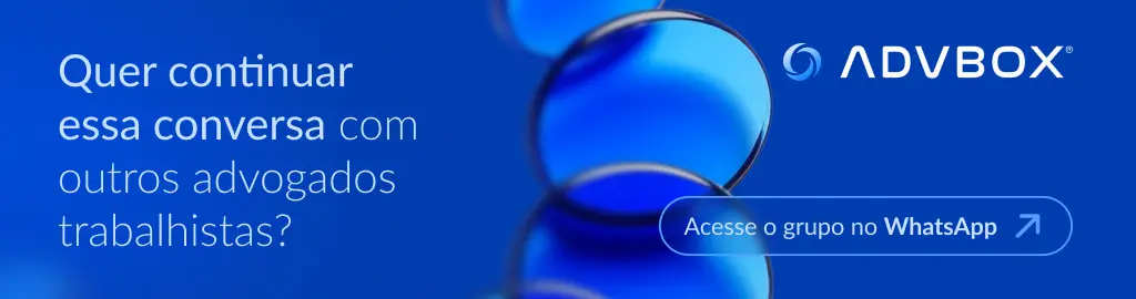anner da ADVBOX convidando advogados trabalhistas a participar de um grupo no WhatsApp para troca de conhecimentos e networking entre profissionais da área, com botão de acesso direto à comunidade