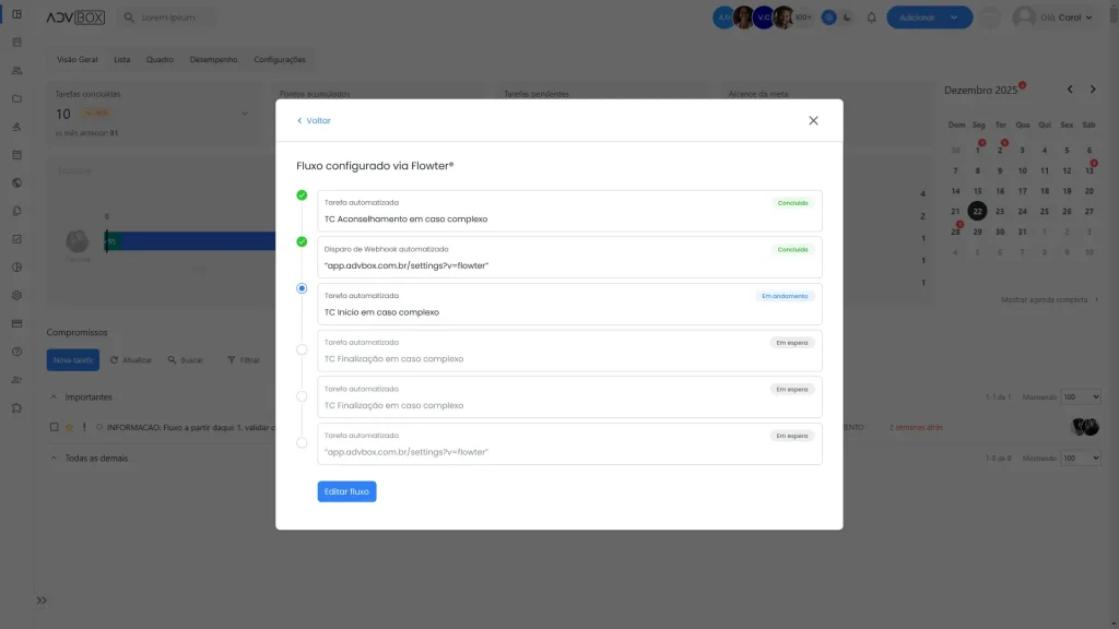 Print da tela da ADVBOX exibindo um fluxo de automação configurado via Flowter, com tarefas automatizadas em diferentes status, concluído, em andamento e em espera  demonstrando como o sistema gerencia etapas de casos complexos sem intervenção manual