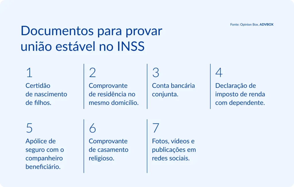 Infográfico em fundo azul claro, organizado em grade numerada de duas linhas separadas por linhas verticais finas. Apresenta os tipos de documentos que podem ser utilizados para comprovar a existência de união estável perante a Previdência Social, abrangendo evidências financeiras, familiares e sociais do relacionamento.