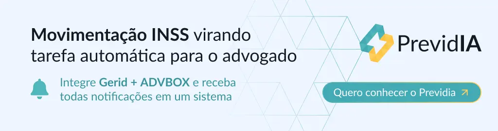 Banner promocional do PrevidIA, com o logotipo do produto e o texto sobre integrar Gerid + ADVBOX para receber notificações do INSS em um único sistema, com botão "Quero conhecer o Previdia".