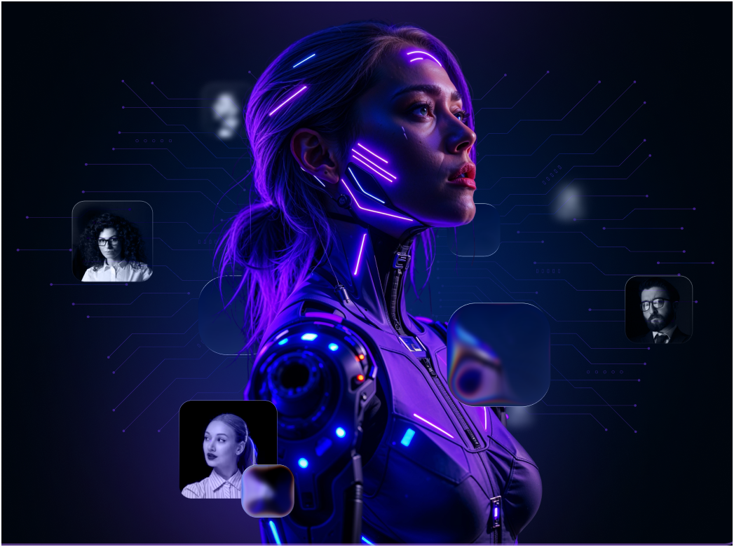 Futuristic AI woman with purple lighting and floating profile images representing collective intelligence