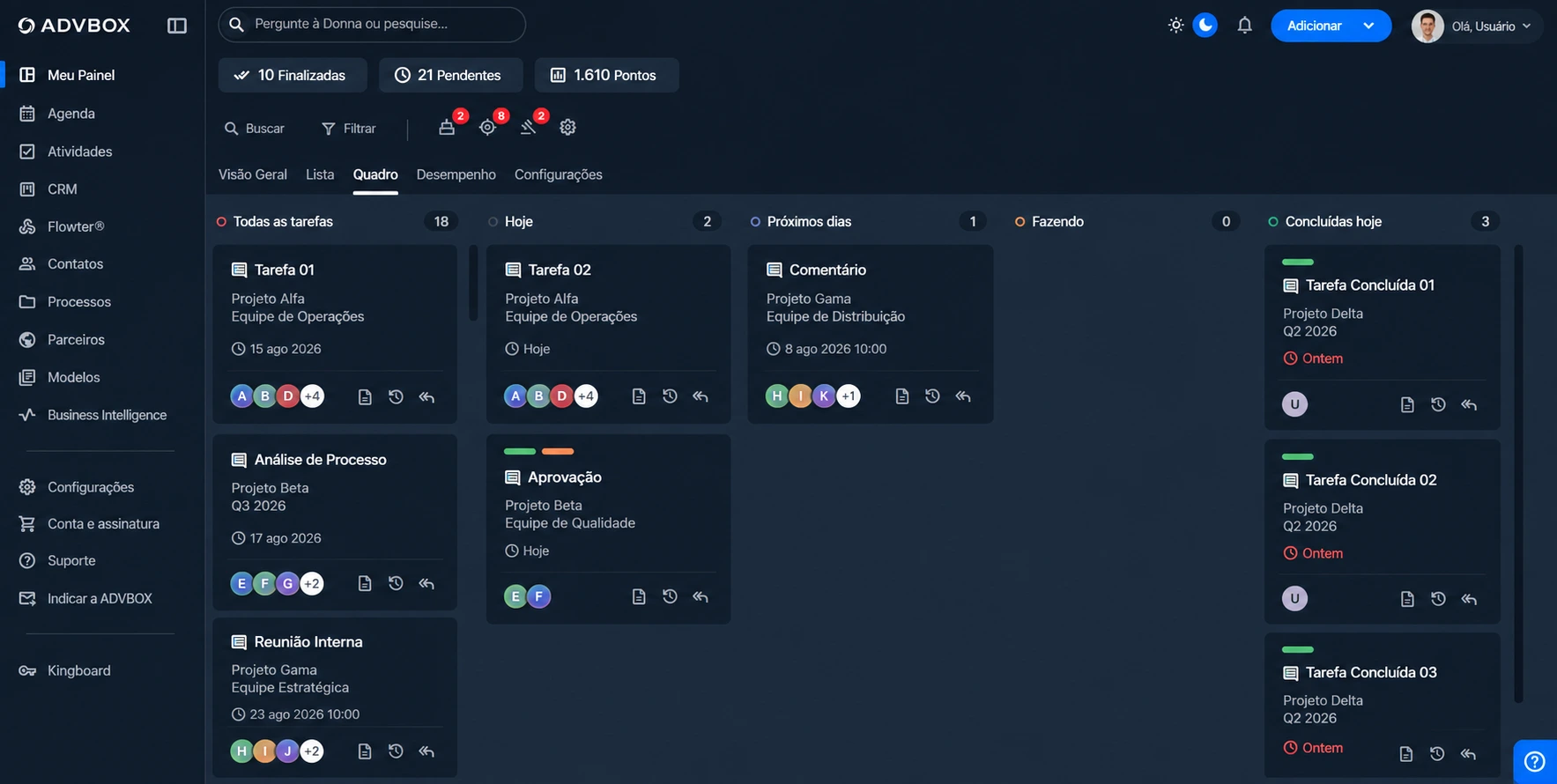 Software jurídico ADVBOX — dashboard de gestão de processos, prazos e tarefas do escritório de advocacia.