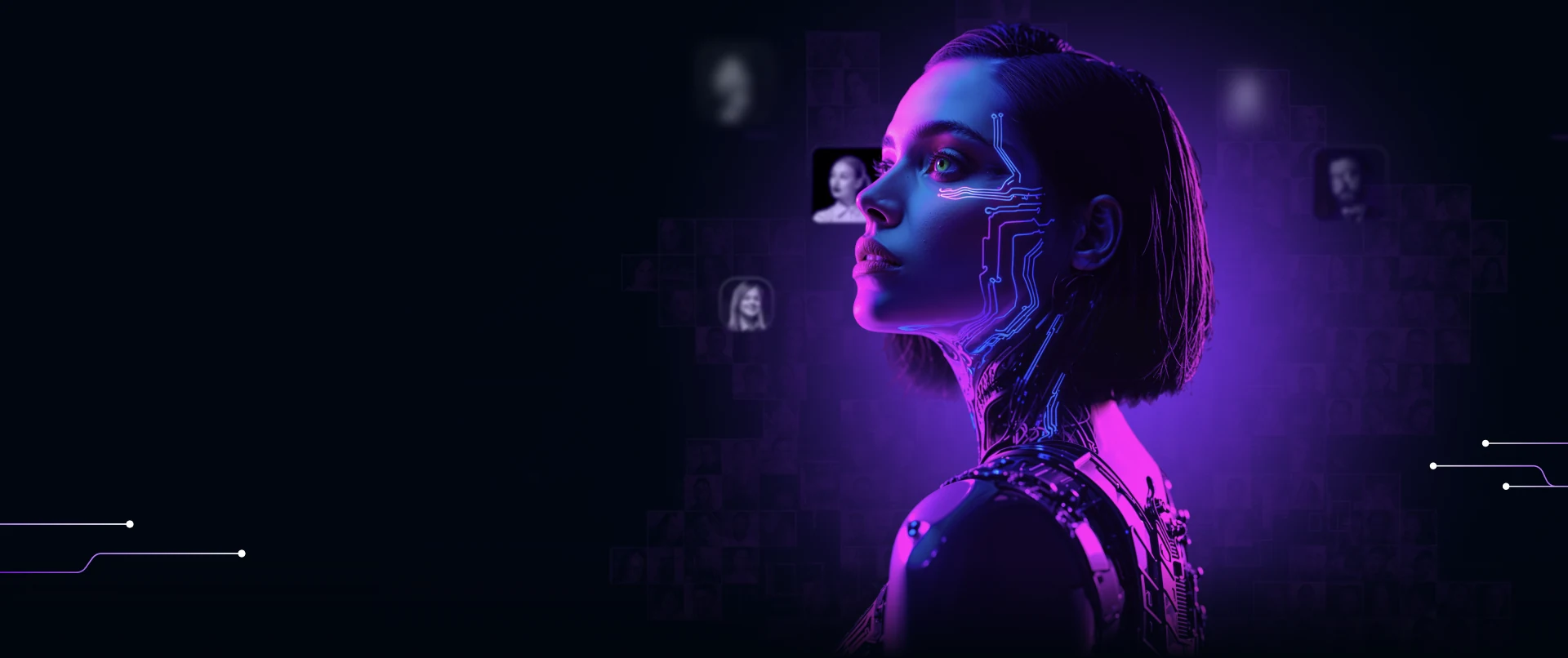 Mulher com traços de circuito iluminados em roxo, cercada por retratos flutuantes, representando a inteligência coletiva