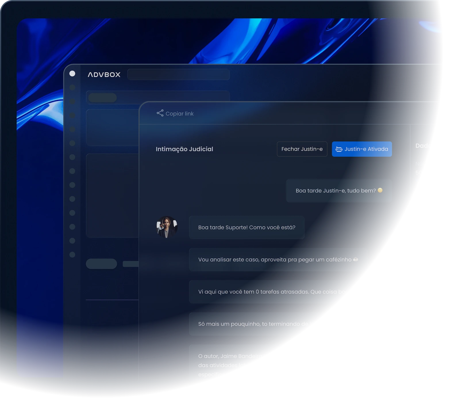 IA jurídica que monitora prazos, interpreta intimações automaticamente e sugere próximas ações com base no histórico dos processos.
